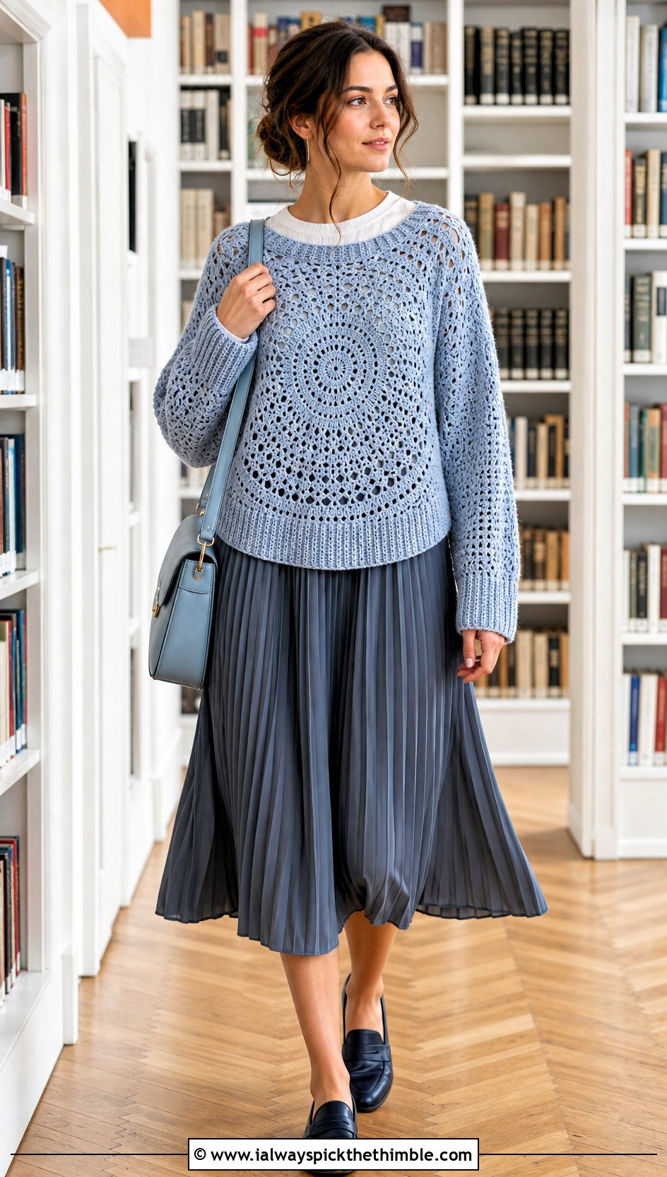 Ribbed Edge Crochet Circle Sweater With Pleated Skirt - 20 crochet circle sweater outfit ideas