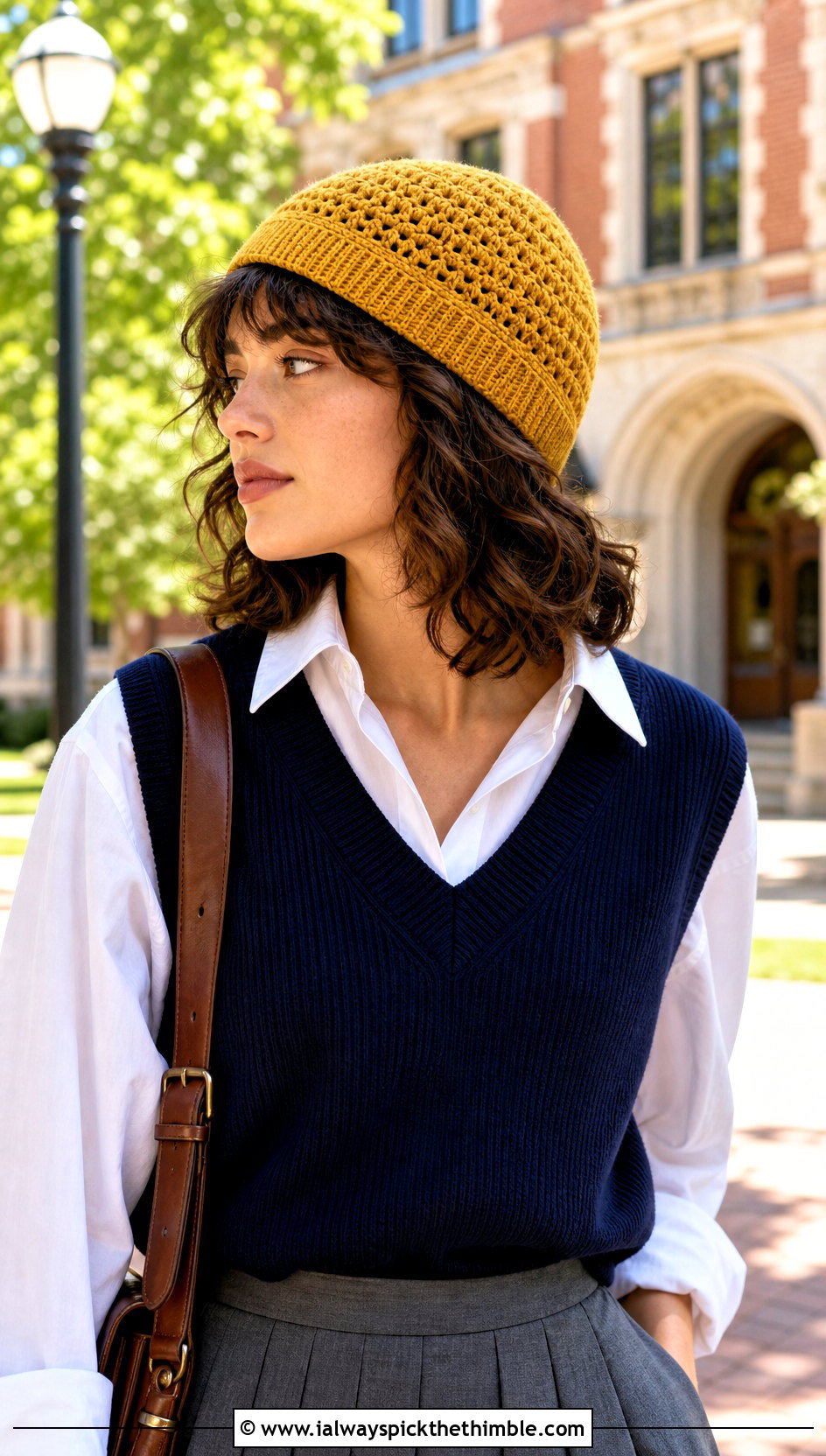 Ribbed Edge Crochet Kufi Hat With Sweater Vest - 25 crochet kufi hat outfit ideas