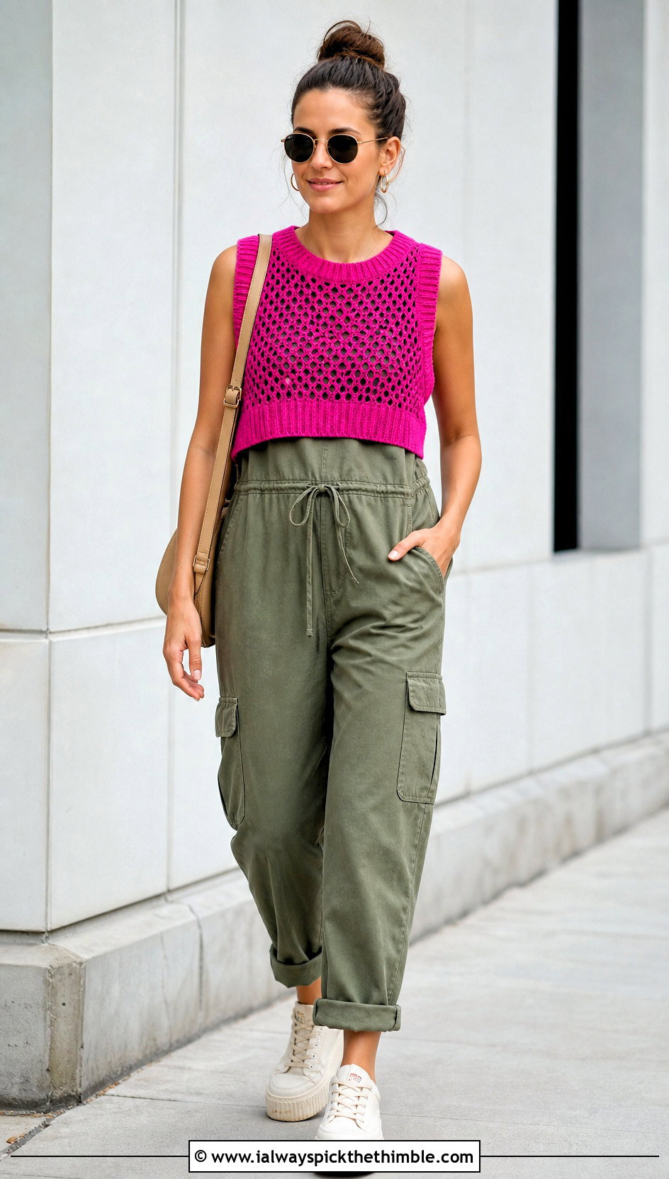 Ribbed Edge Crochet Mesh Vest With Utility Jumpsuit - 25 crochet mesh vest outfit ideas