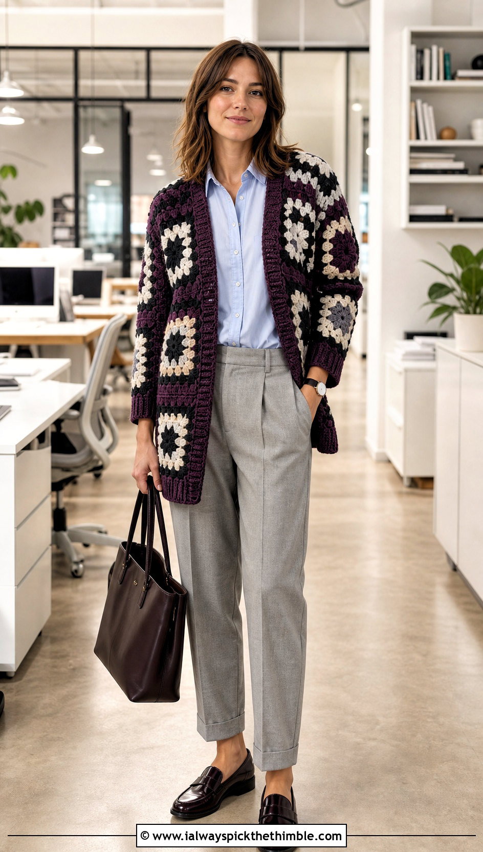 Ribbed Edge Giant Granny Square Cardigan With Oxford Shirt - 25 giant granny square cardigan outfit ideas