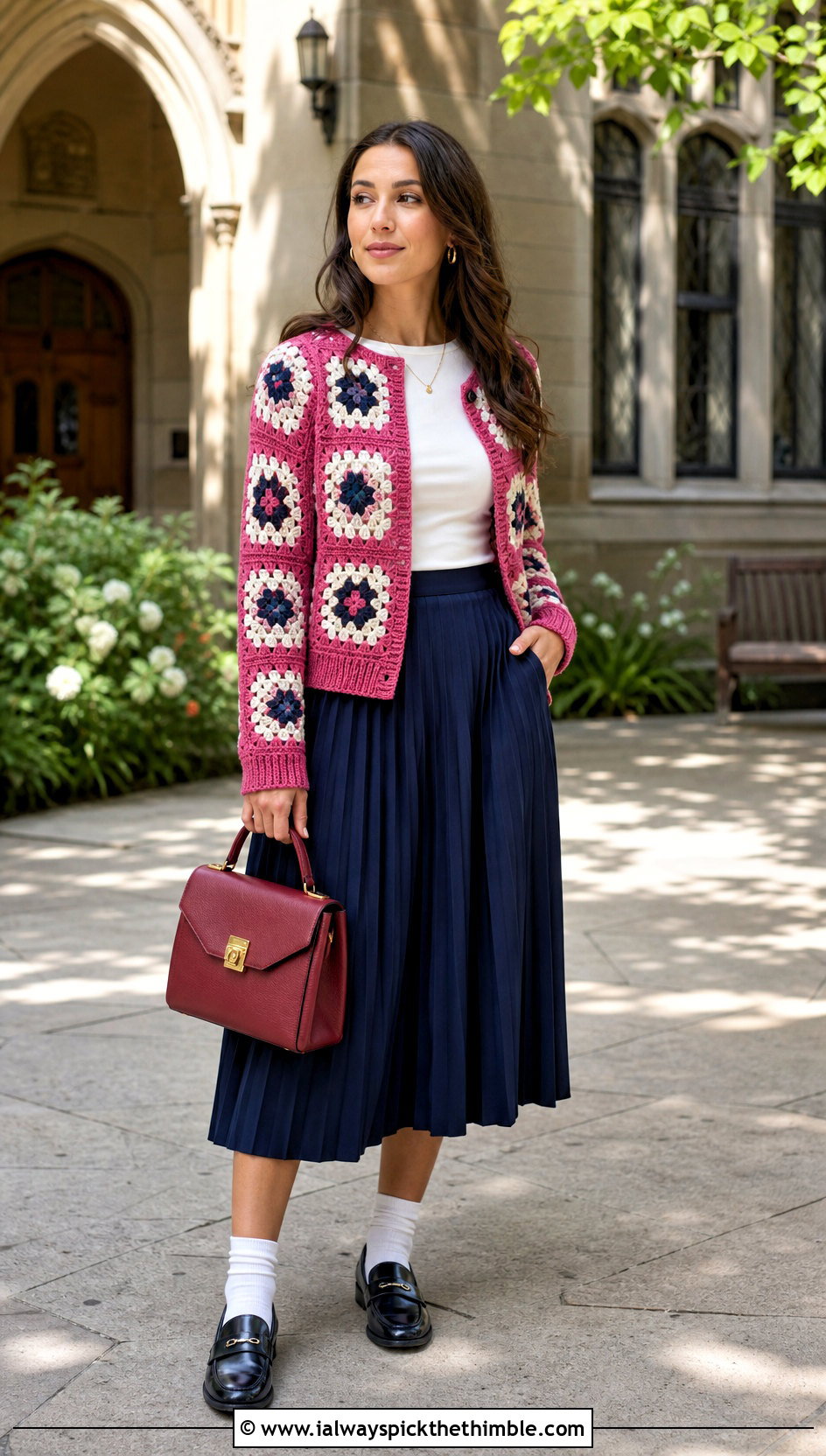 Ribbed Edge Granny Cardigan With Pleated Midi Skirt - 25 crochet granny cardigan outfit ideas