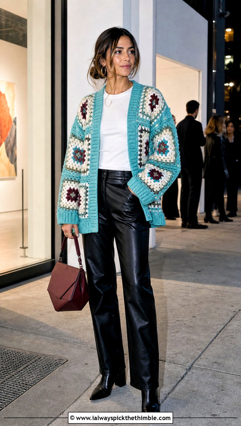 Ribbed Edge Granny Square Cardigan With Leather Pants - 25 granny square cardigan outfit ideas