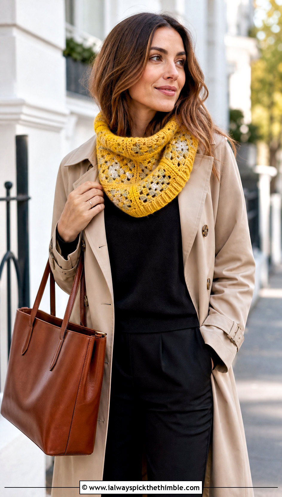 Ribbed Edge Granny Square Cowl With Trench Coat - 20 Granny Square Cowl outfit ideas