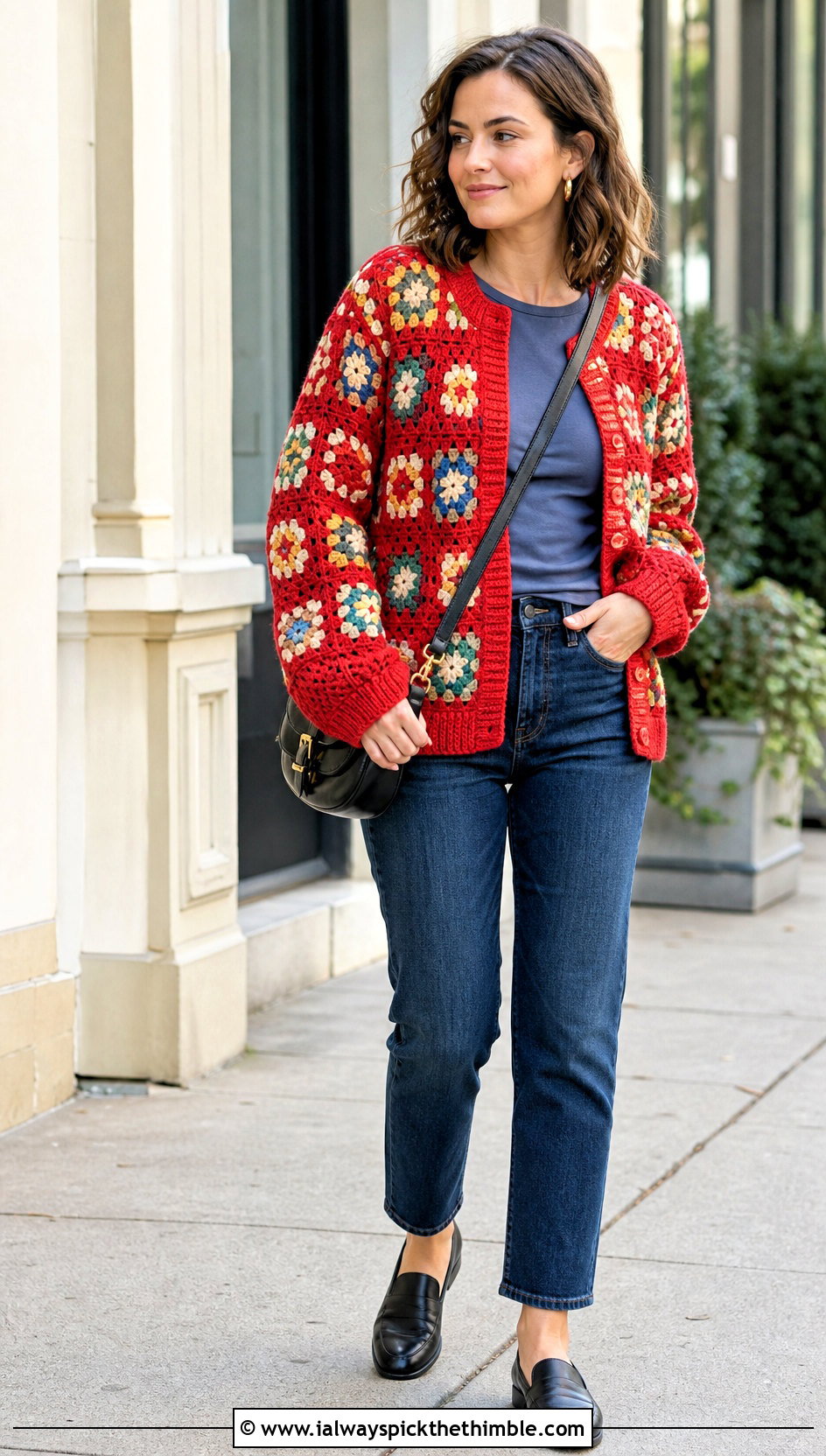 Ribbed Edge Granny Square Crochet Cardigan With Straight Jeans - 25 granny square crochet cardigan outfit ideas