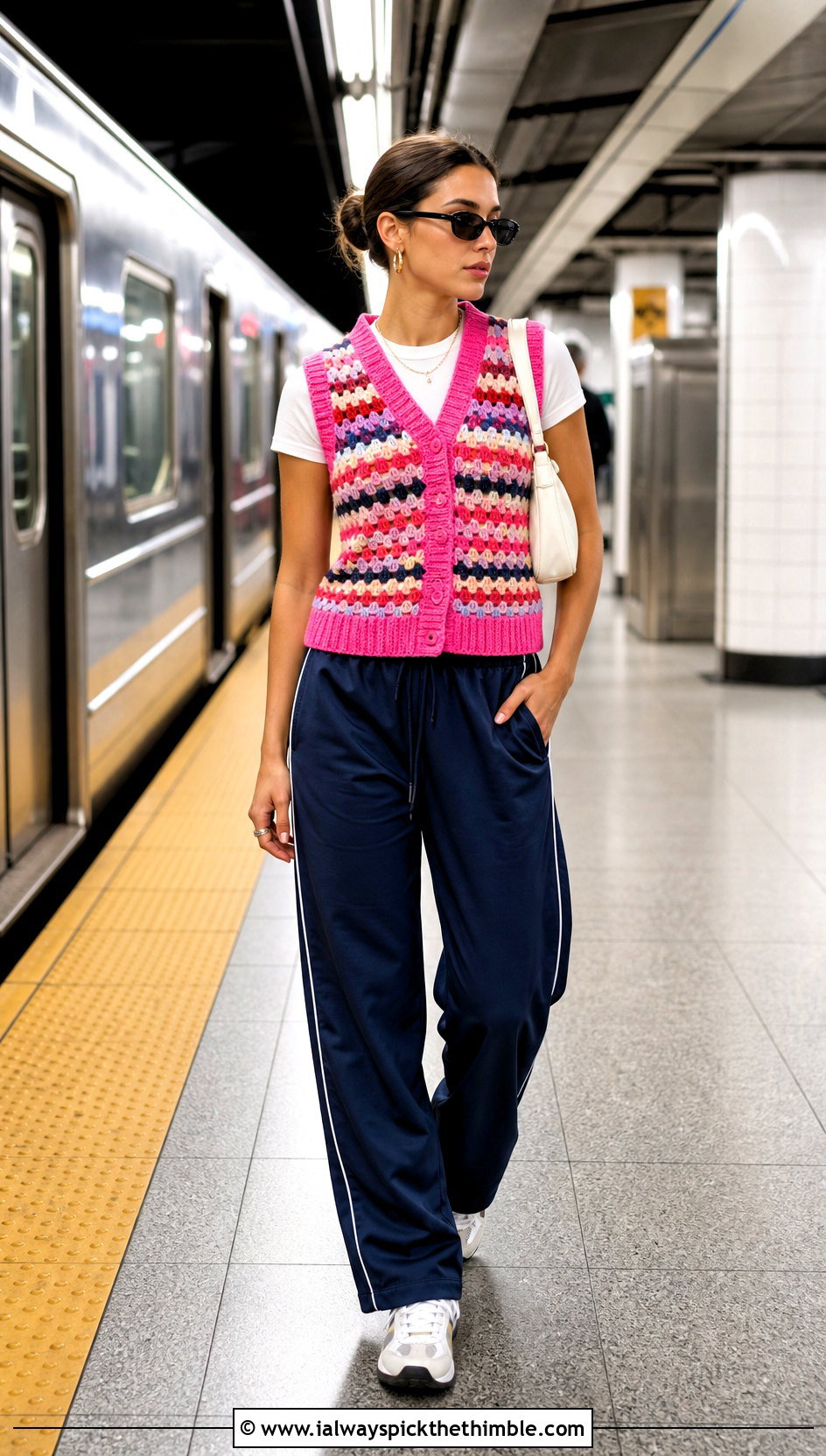 Ribbed Edge Granny Stripe Crochet Vest With Track Pants - 15 granny stripe crochet vest outfit ideas