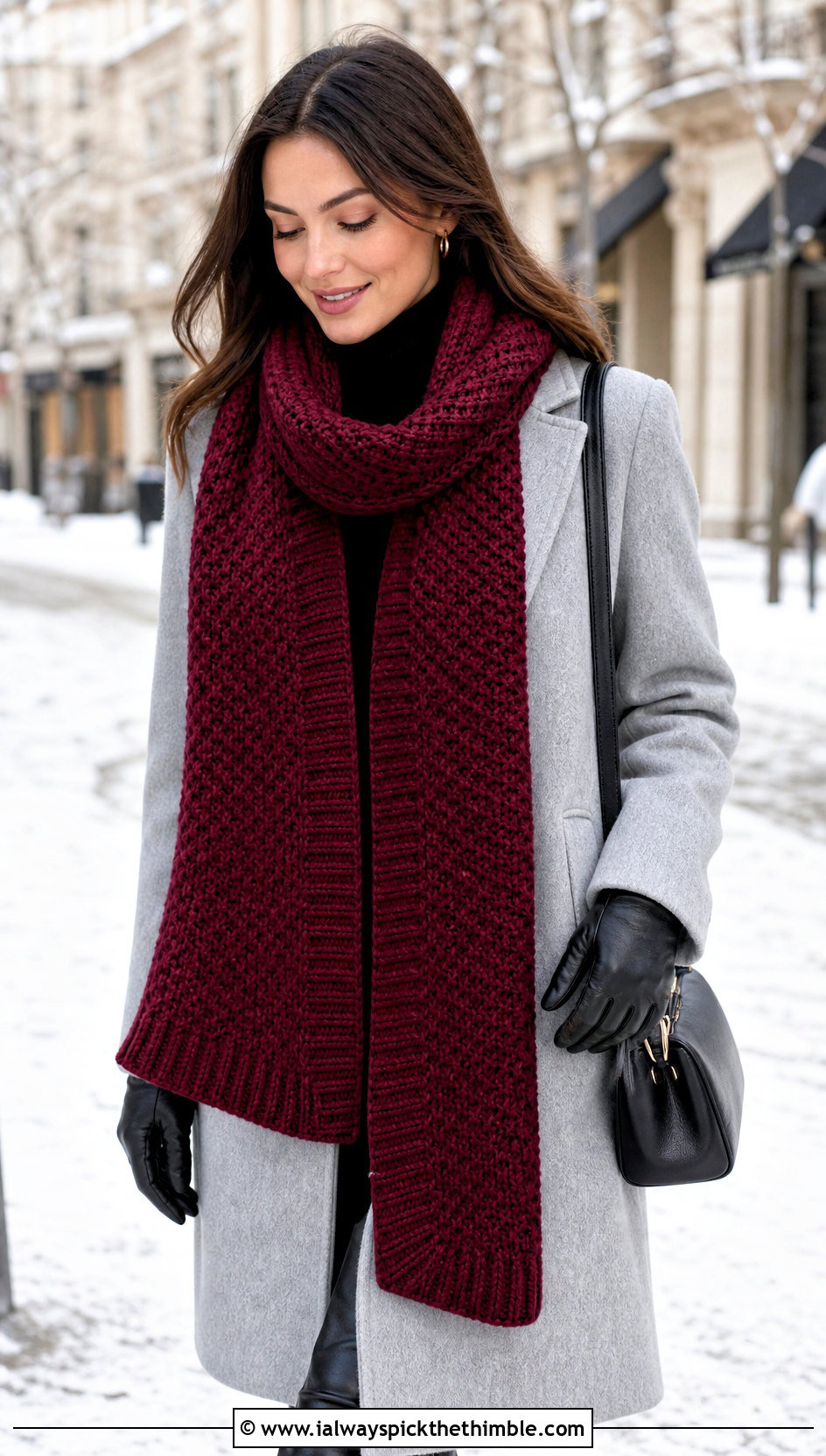 Ribbed Edge Moss Stitch Scarf With A Wool Coat - 25 crochet moss stitch scarf outfit ideas