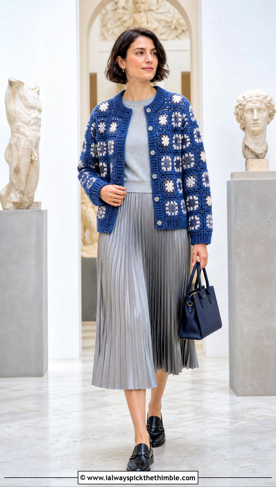 Ribbed Edge One Granny Square Cardigan With Pleated Midi Skirt - 20 One Granny Square Cardigan outfit ideas