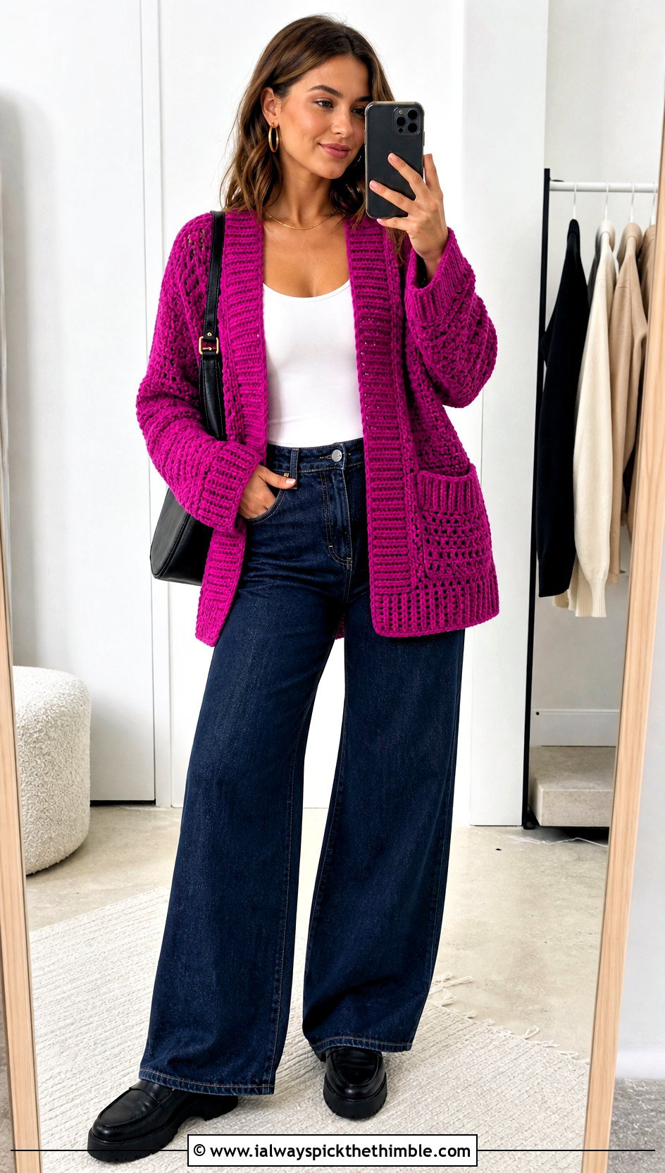 Ribbed Edge Pocket Crochet Cardigan With Wide Leg Jeans - 25 crochet cardigan with pockets outfit ideas