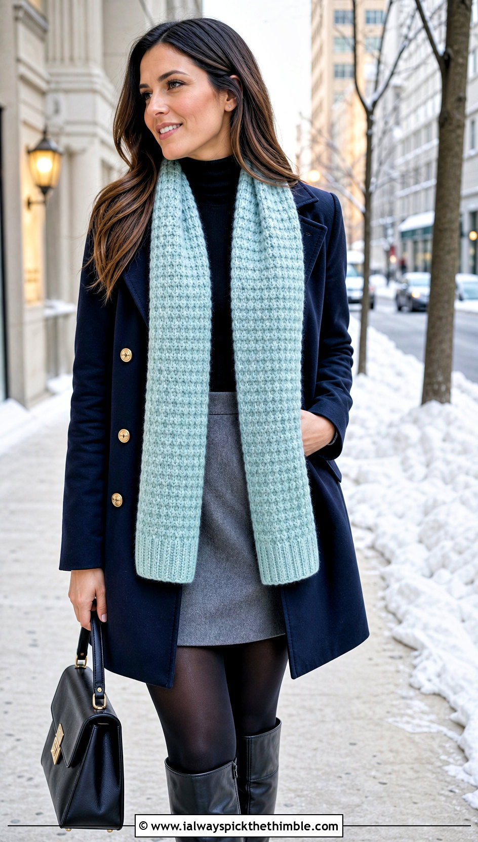 Ribbed Edge Waffle Stitch Crochet Scarf With Peacoat And Mini Skirt - 20 waffle stitch crochet scarf outfit ideas