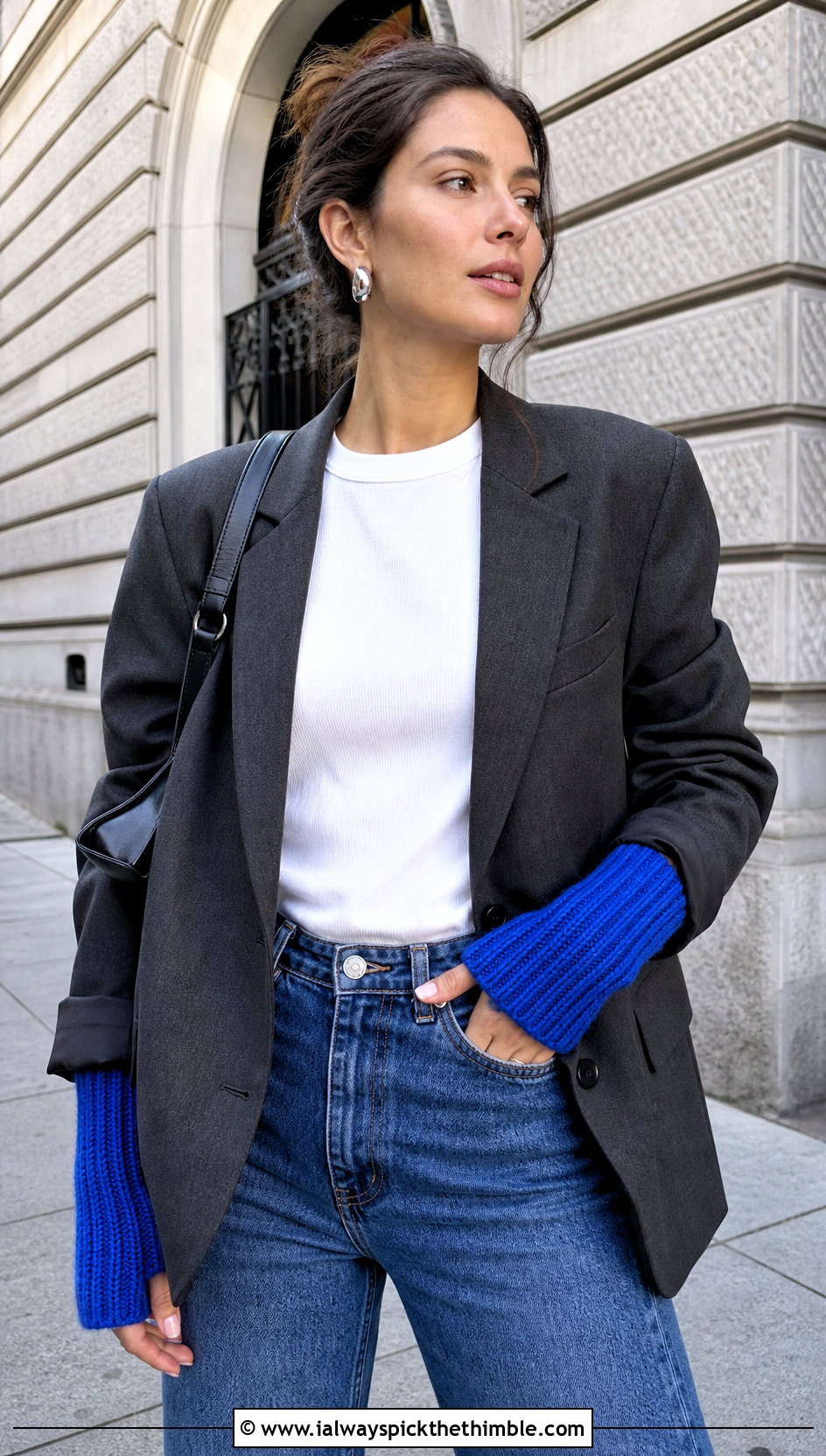 Ribbed Fingerless Crochet Arm Warmers With Blazer And Jeans - 25 crochet arm warmers outfit ideas