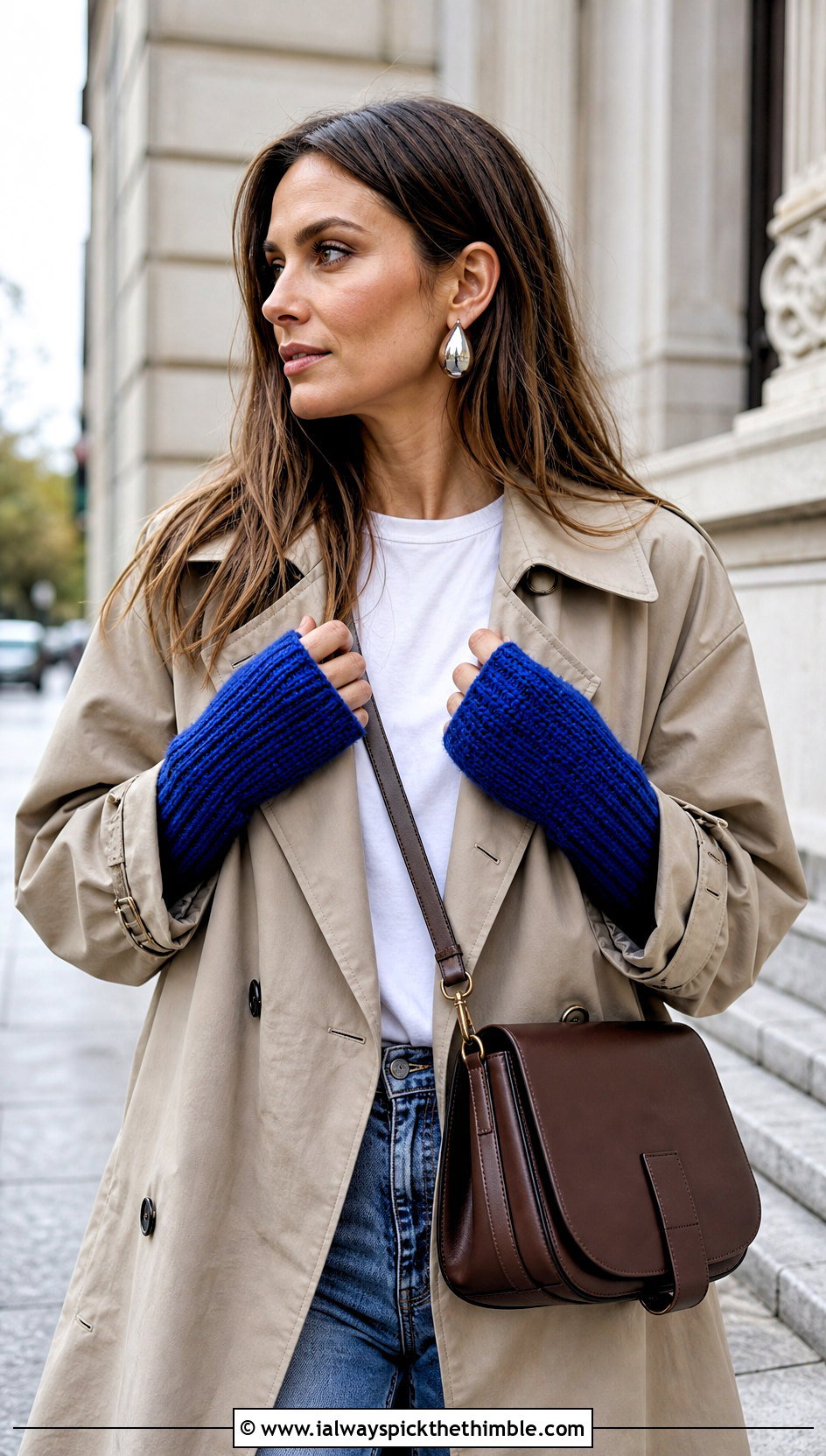 Ribbed Fingerless Crochet Gloves With Trench Coat And Jeans - 15 crochet finger gloves outfit ideas