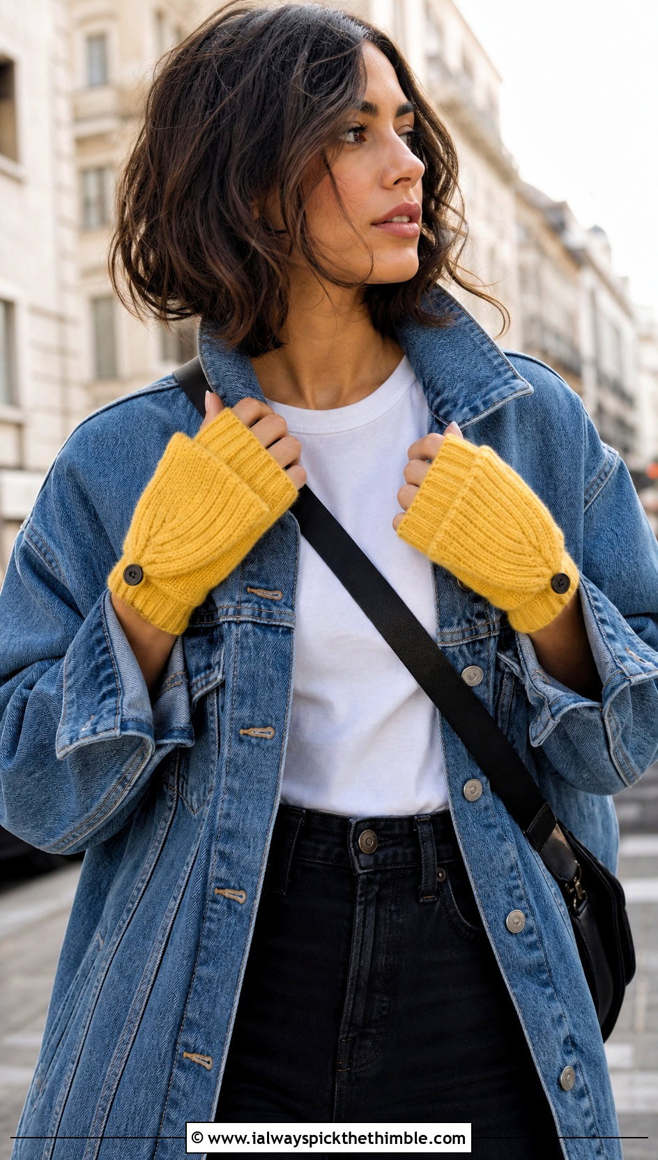 Ribbed Flip Top Crochet Gloves With Denim Jacket - 15 Convertible Crochet Fingerless Gloves outfit ideas
