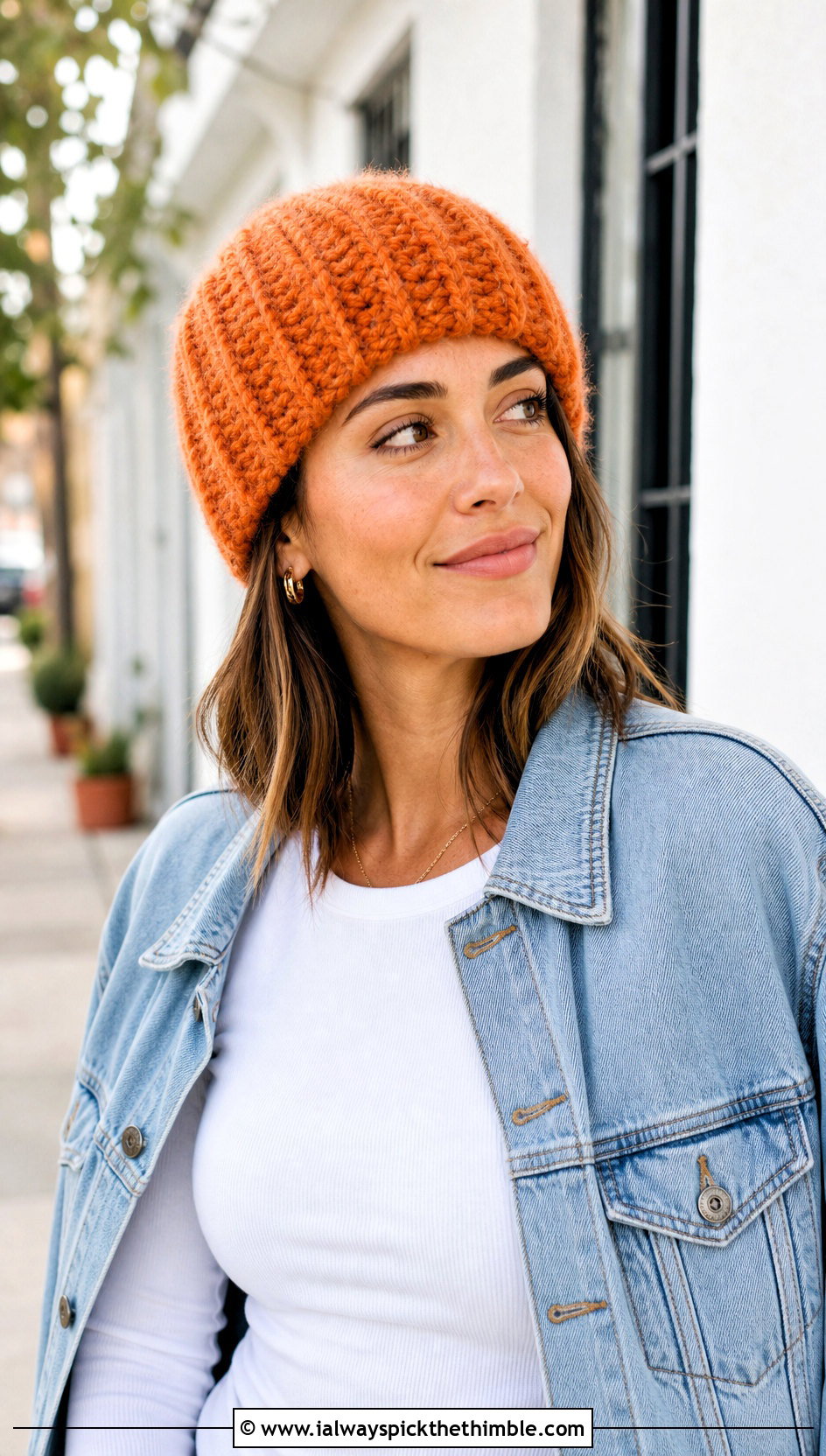 Ribbed Fluffy Crochet Beanie With Denim Jacket - 20 fluffy crochet beanie outfit ideas