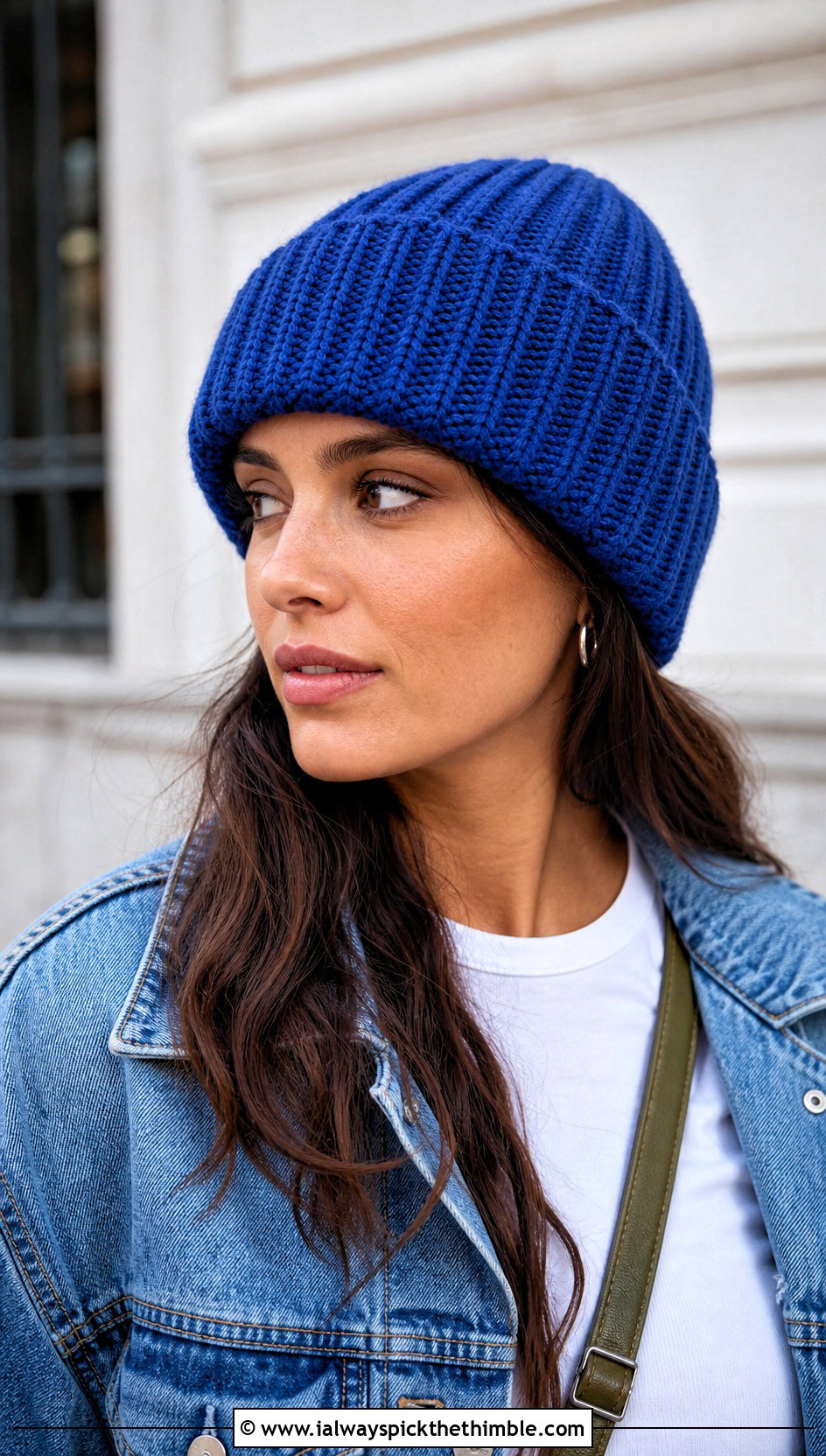 Ribbed Fold Over Crochet Beanie With Denim Jacket - 15 Textured Crochet Hat outfit ideas