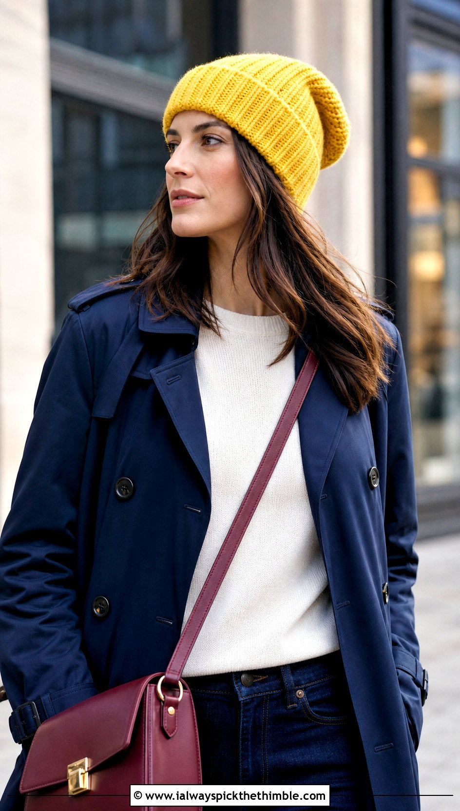 Ribbed Fold Over Slouchy Beanie With Trench Coat - 25 crochet slouchy beanie outfit ideas
