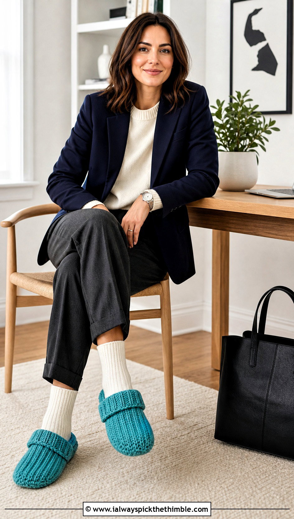 Ribbed Folded Crochet Slippers With Tailored Trousers - 20 Folded Crochet Slippers outfit ideas