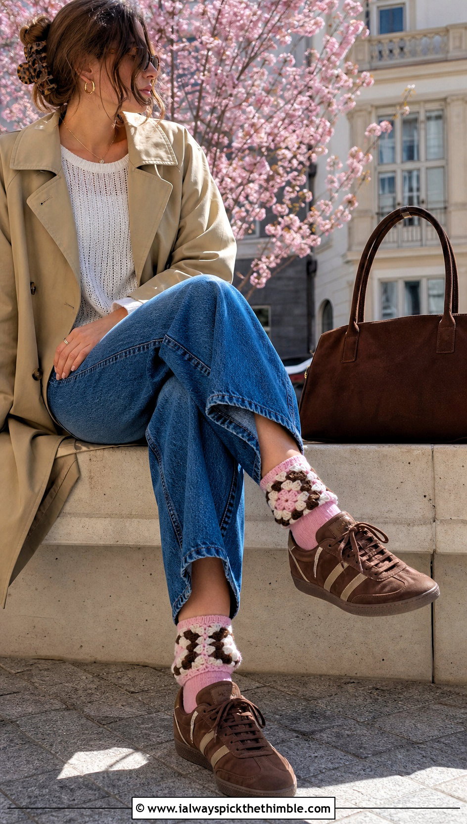 Ribbed Granny Cuff Socks With Trench Coat And Jeans - 20 Crochet Granny Socks outfit ideas