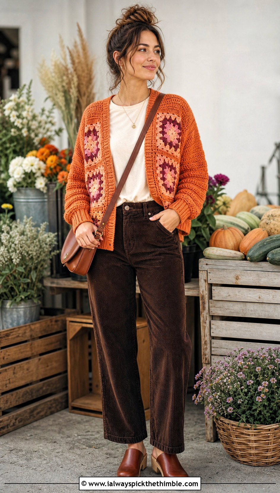 Ribbed Granny Square Cardigan With Corduroy Pants - 20 Crochet Fall Granny Square Cardigan outfit ideas