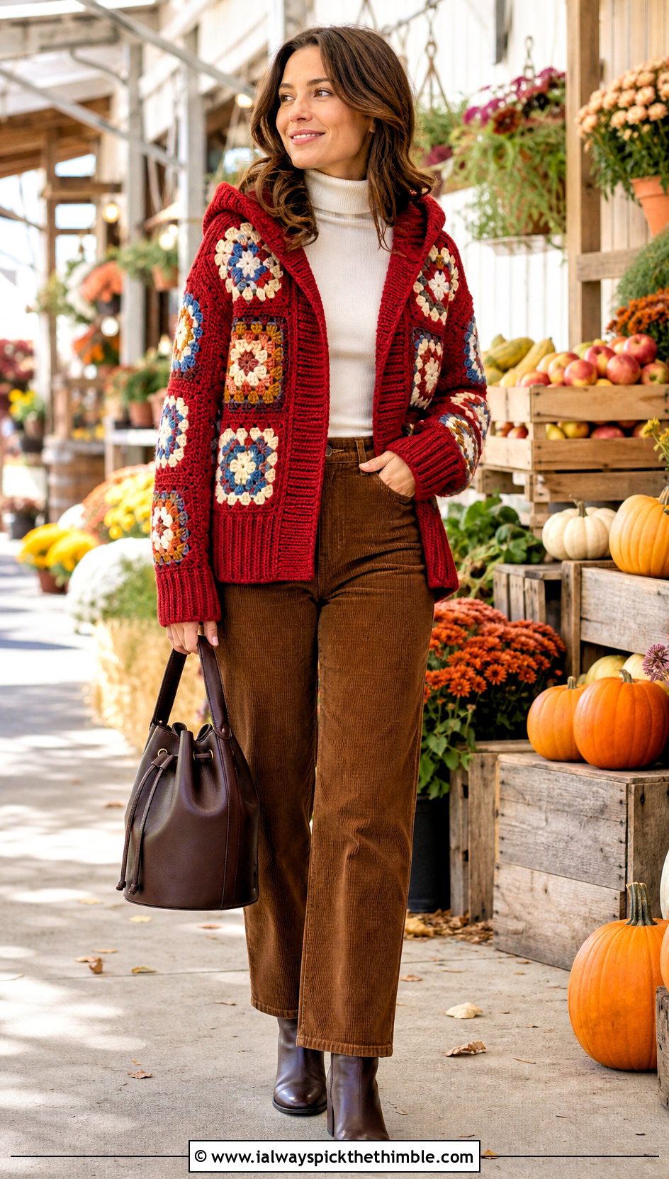Ribbed Granny Square Hooded Cardigan With Corduroy Pants - 20 Granny Square Hooded Cardigan outfit ideas