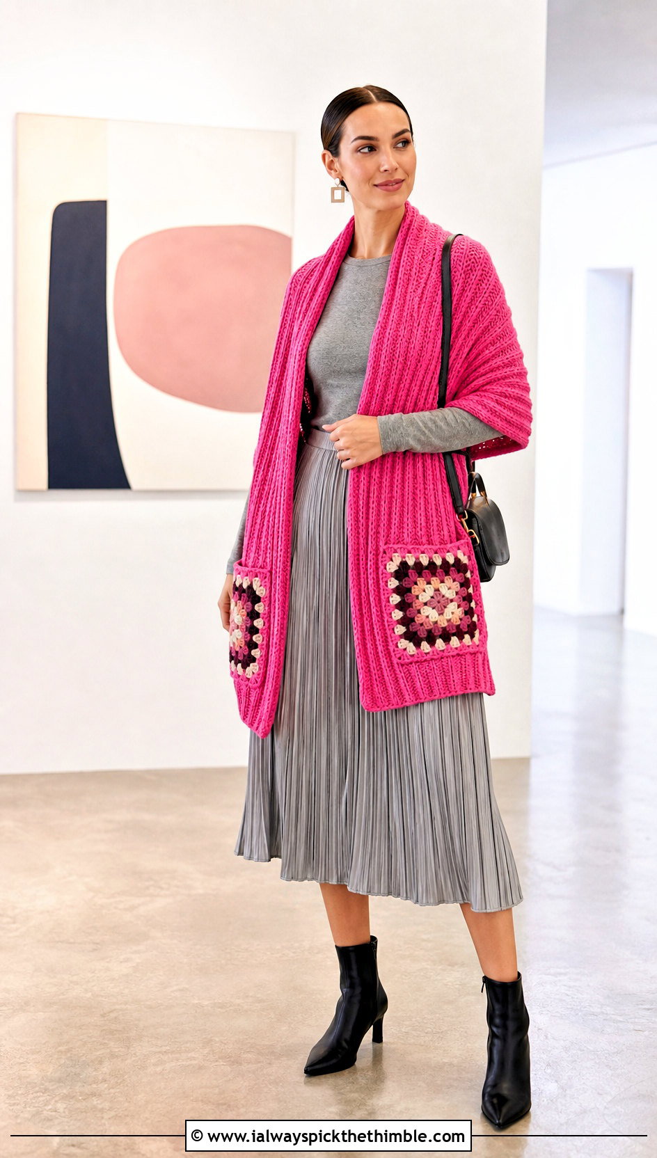 Ribbed Granny Square Pocket Shawl With Midi Skirt - 20 Granny Square Pocket Shawl outfit ideas