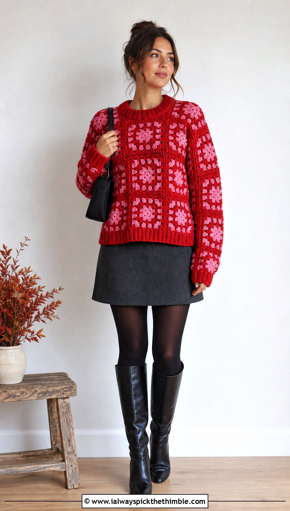 Ribbed Granny Square Sweater With Mini Skirt And Boots - 25 granny square sweater outfit ideas