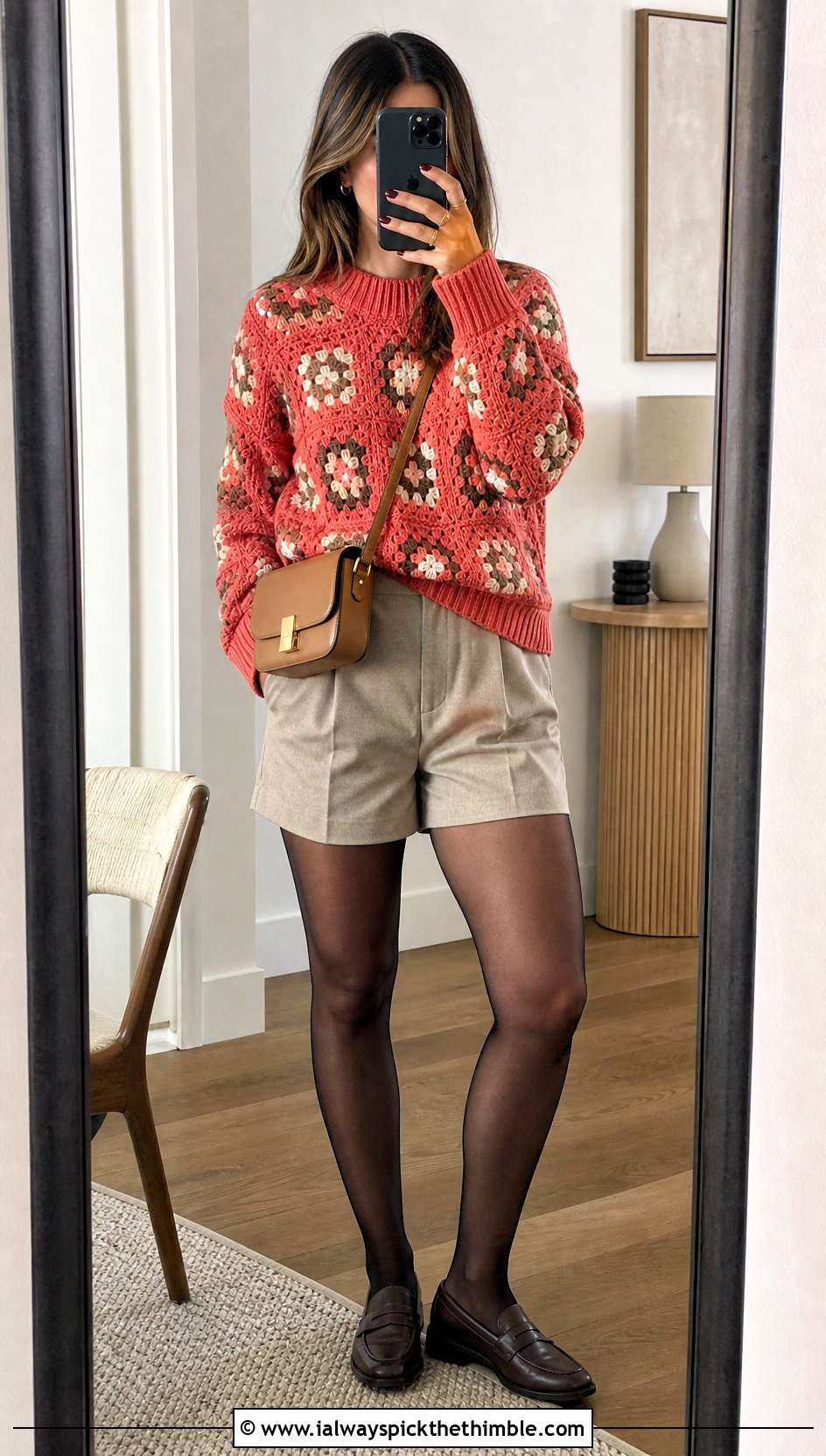 Ribbed Granny Square Sweater With Tailored Shorts - 20 easy granny square sweater outfit ideas