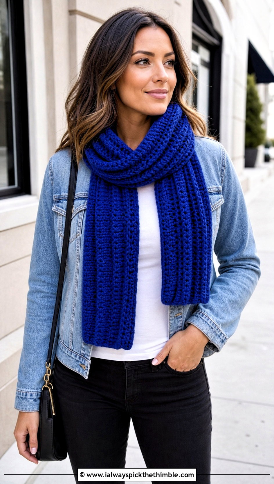 Ribbed Half Double Crochet Scarf With Denim Jacket - 20 Half Double Crochet Scarf outfit ideas