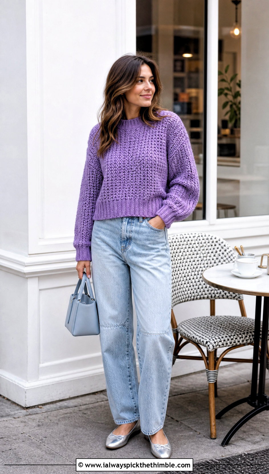 Ribbed Hem Chunky Crochet Sweater With Barrel Jeans - 20 Easy Chunky Crochet Sweater outfit ideas