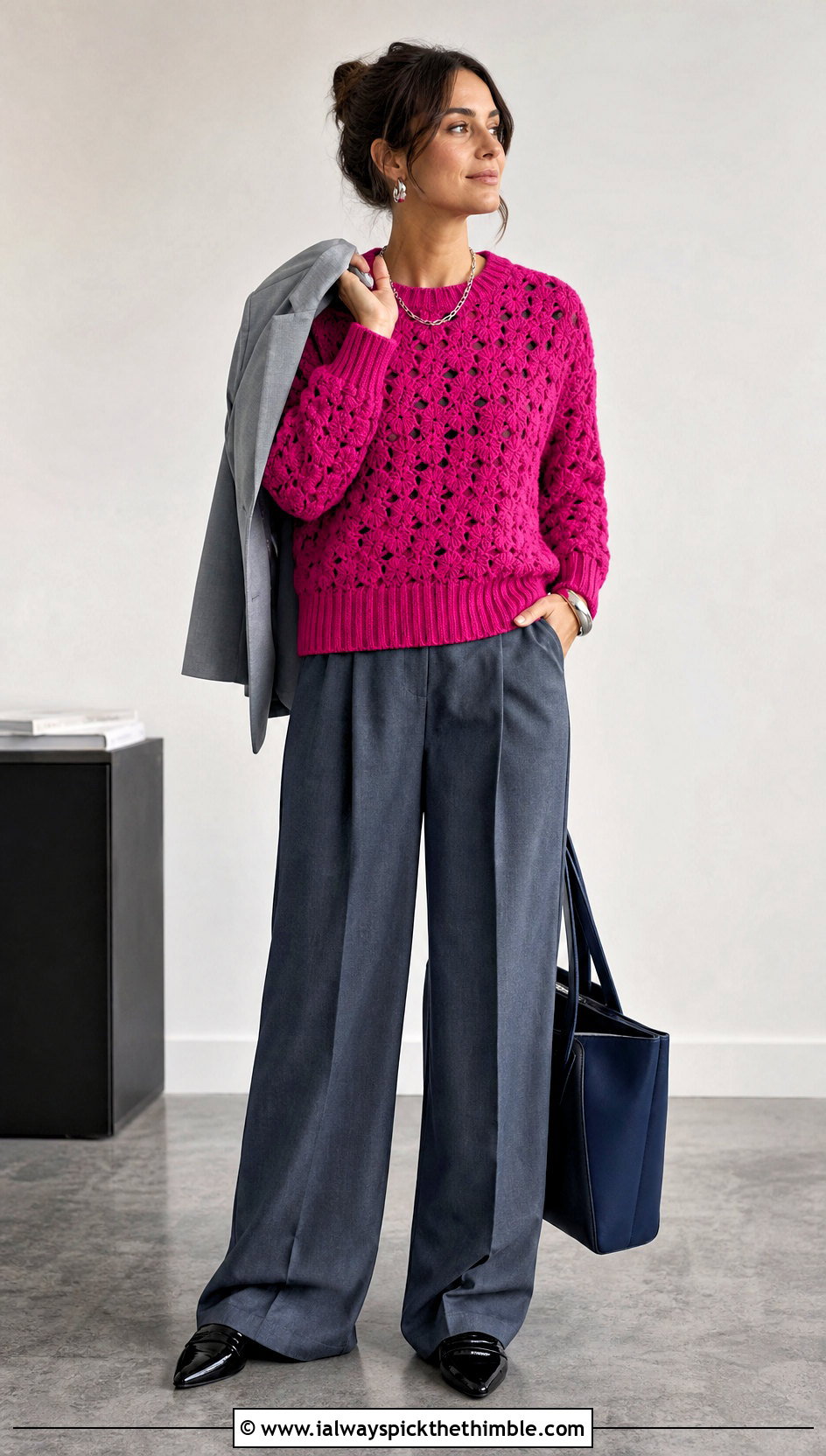 Ribbed Hem Coraline Star Crochet Sweater With Wide Leg Suit Pants - 20 coraline crochet sweater outfit ideas