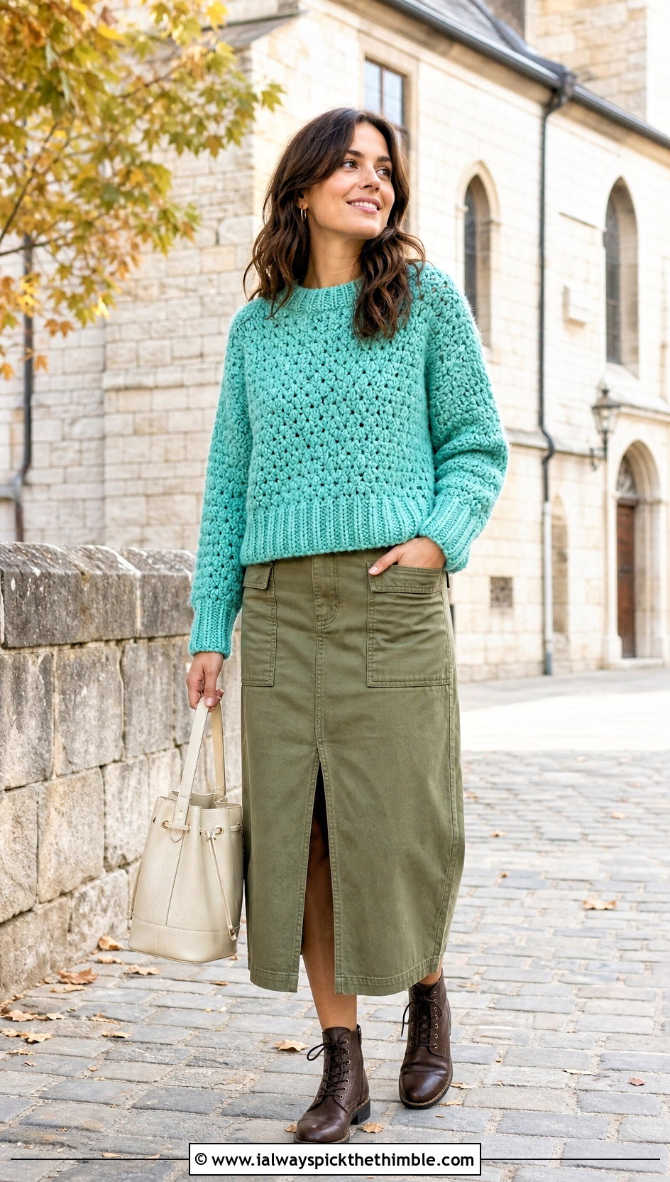 Ribbed Hem Crochet Chunky Sweater With Utility Midi Skirt - 25 crochet chunky sweater outfit ideas