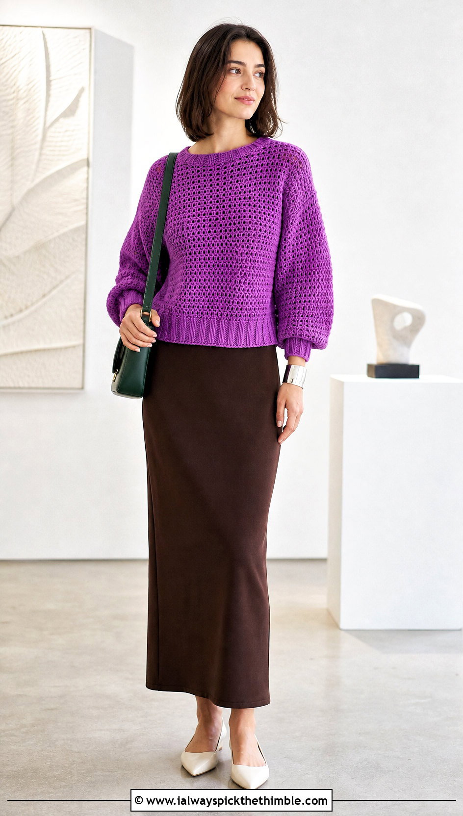 Ribbed Hem Crochet Drop Shoulder Sweater With Column Skirt - 20 crochet drop shoulder sweater outfit ideas