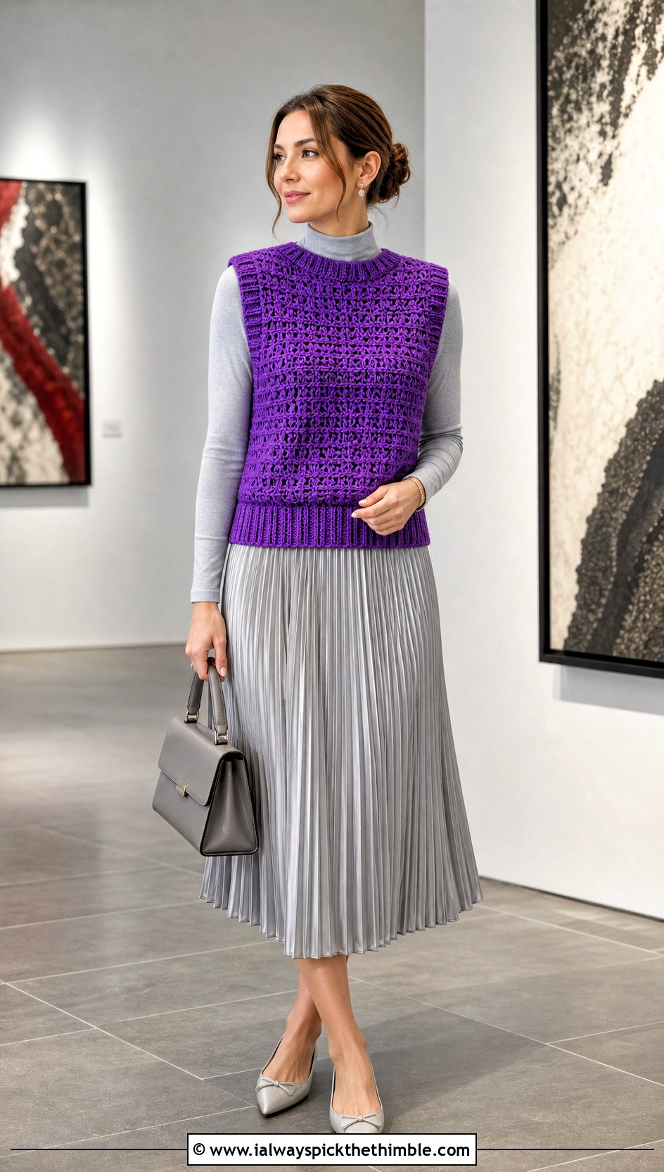 Ribbed Hem Crochet Sweater Vest With Pleated Midi Skirt - 20 easy crochet sweater vest outfit ideas