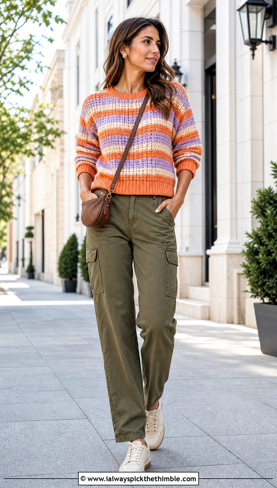 Ribbed Hem Crocheted Striped Sweater With Cargo Pants - 20 Crocheted Striped Sweater outfit ideas