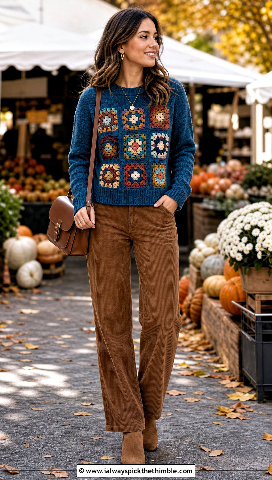 Ribbed Hem Granny Square Jumper With Corduroy Pants - 25 crochet granny square jumper outfit ideas
