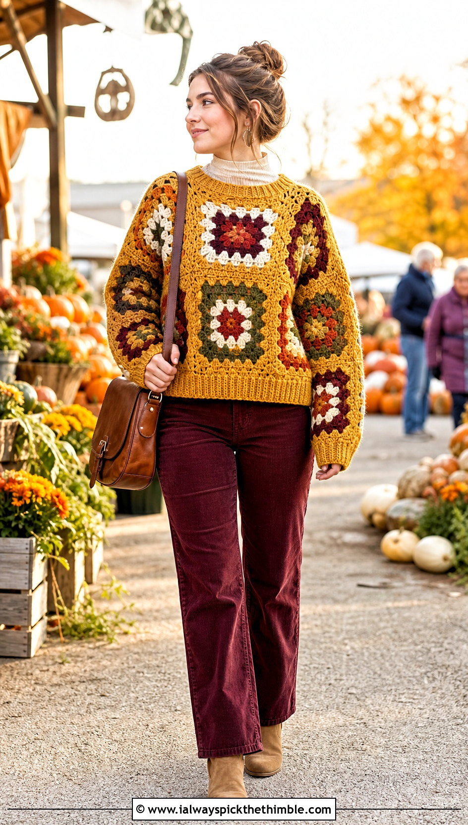 Ribbed Hem Large Granny Square Sweater With Corduroy Pants - 25 large granny square sweater outfit ideas
