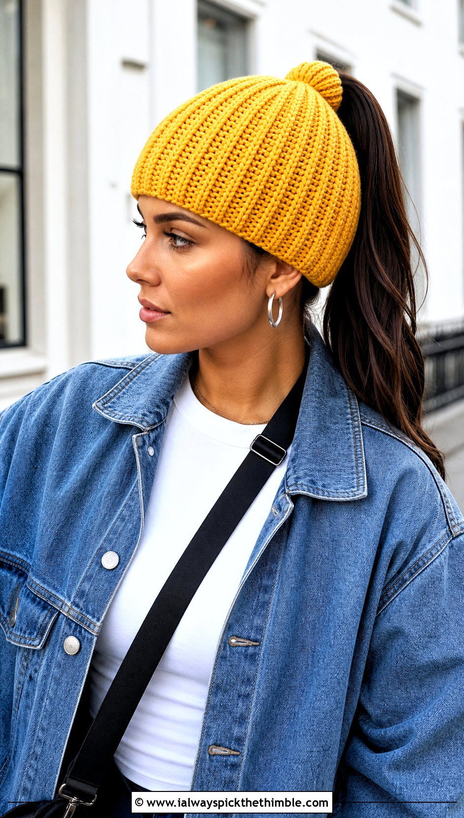 Ribbed High Ponytail Crochet Beanie With Denim Jacket - 20 crochet beanie with ponytail hole outfit ideas