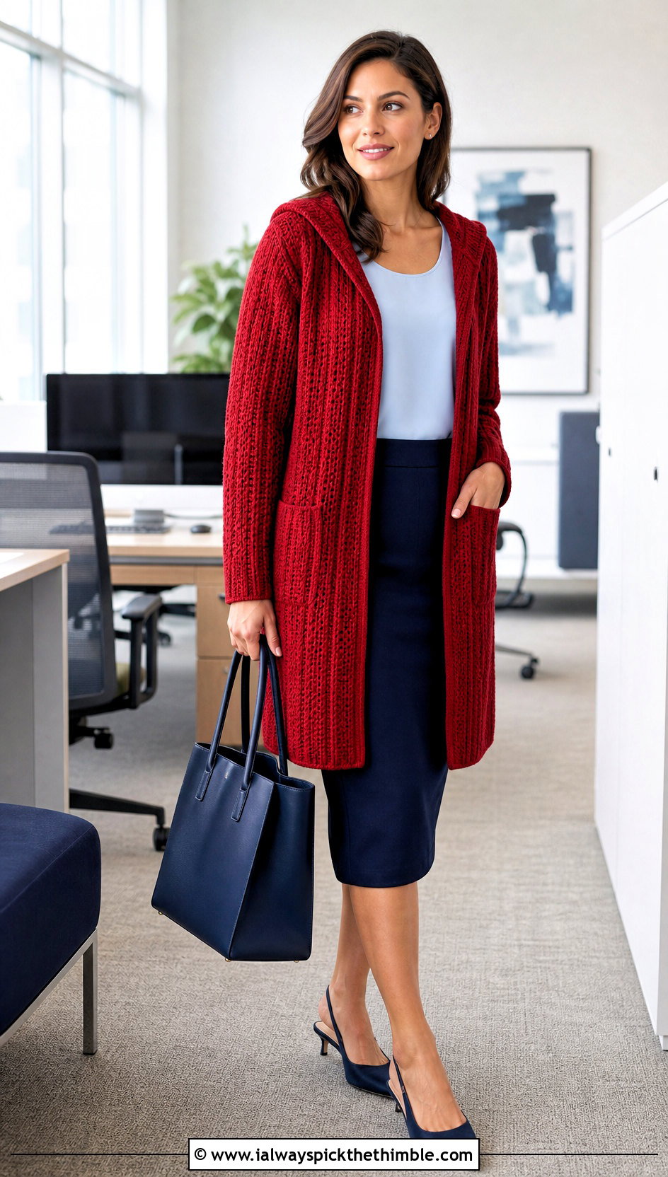 Ribbed Hooded Crochet Cardigan With Pencil Skirt - 25 hooded crochet cardigan outfit ideas