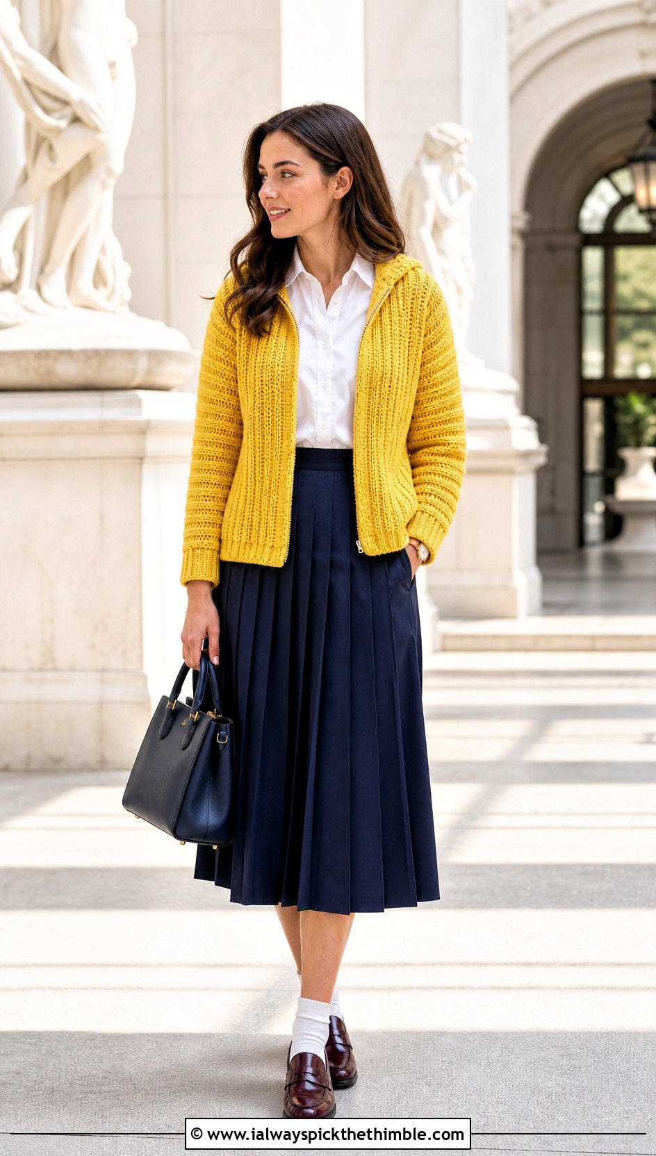 Ribbed Hooded Crochet Cardigan With Pleated Midi Skirt - 20 crochet hoodie cardigan outfit ideas