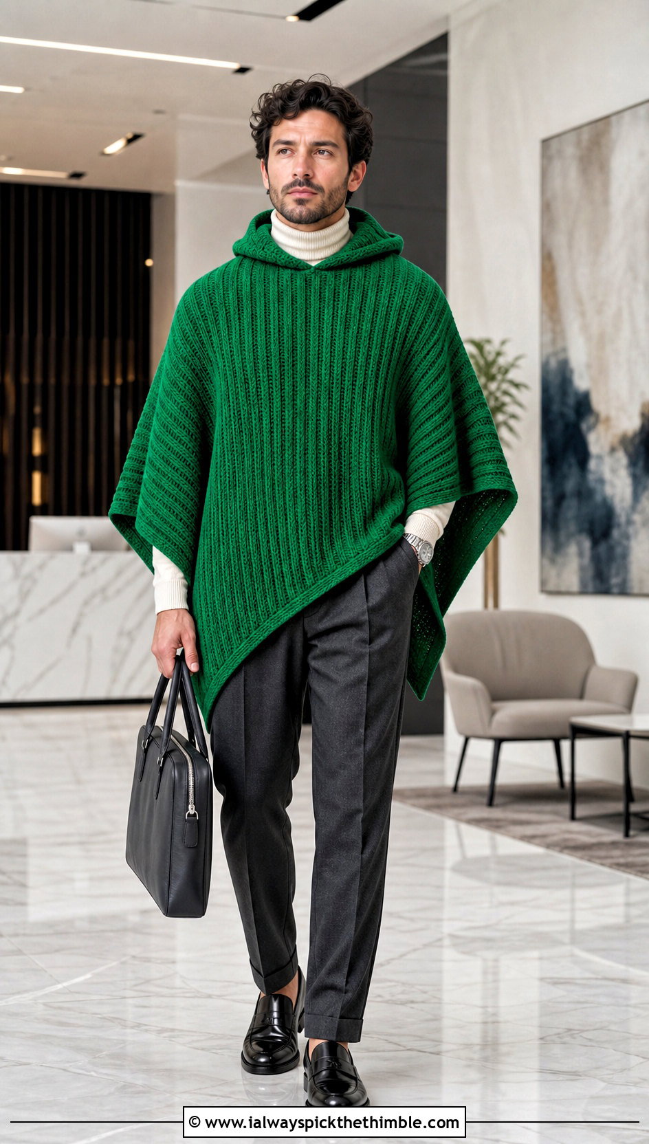 Ribbed Hooded Crochet Poncho With Suit Pants - 15 mens hooded crochet poncho outfit ideas