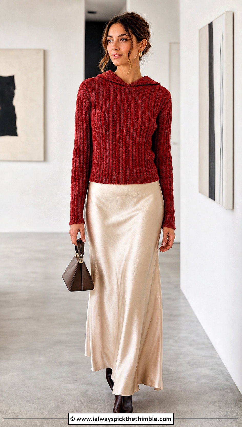 Ribbed Hooded Crochet Sweater With Satin Maxi Skirt - 20 Hooded Crochet Sweater outfit ideas
