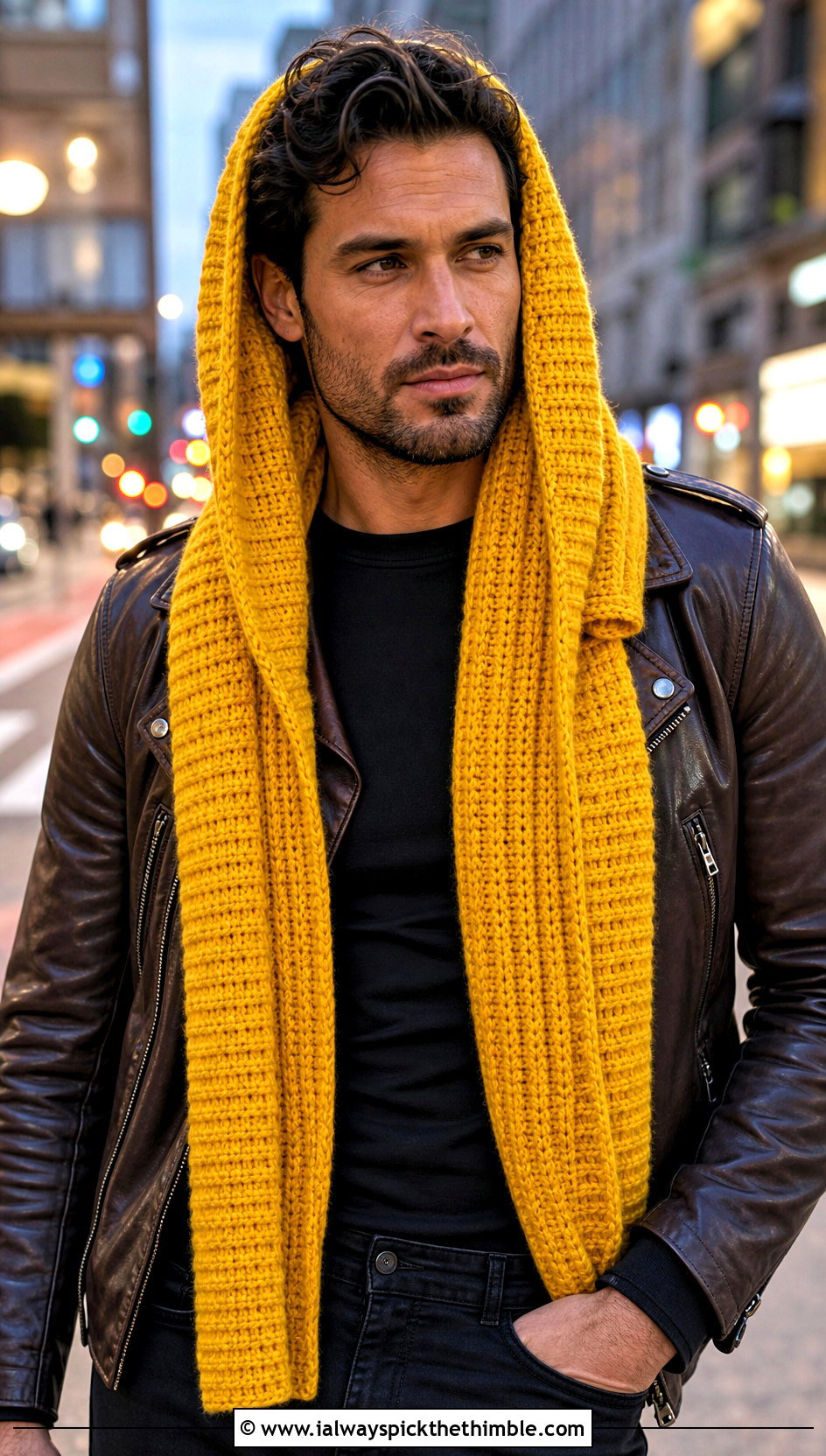 Ribbed Hooded Scarf With Leather Jacket - 20 Crochet Hooded Scarf For Men outfit ideas