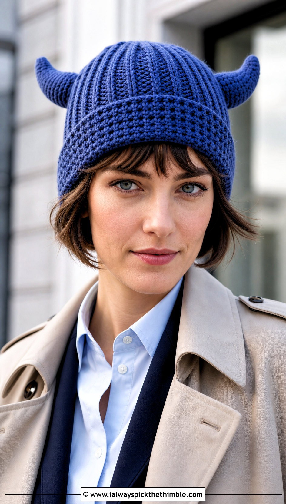 Ribbed Horned Viking Beanie With Trench Coat - 25 crochet viking hat outfit ideas