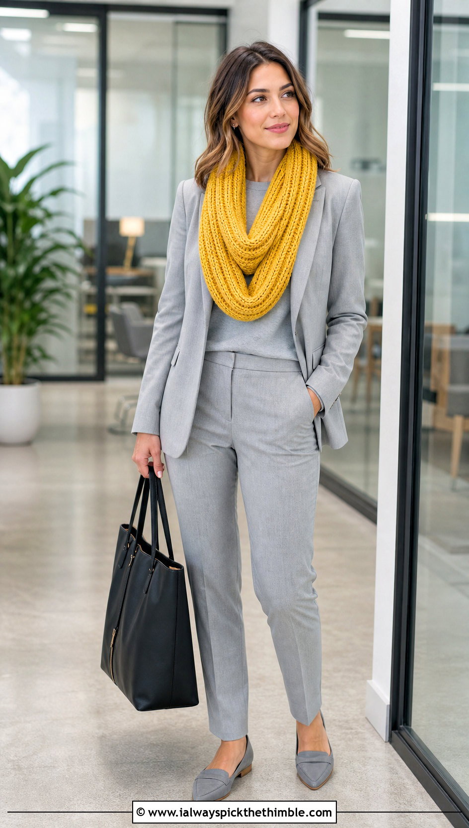 Ribbed Infinity Scarf With Blazer And Trousers - 20 Beginner Crochet Infinity Scarf outfit ideas