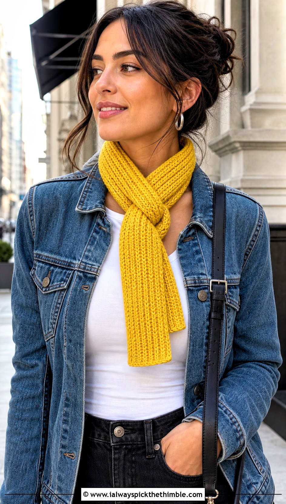 Ribbed Keyhole Crochet Scarf With Denim Jacket - 15 Crochet Button Hole Scarf outfit ideas