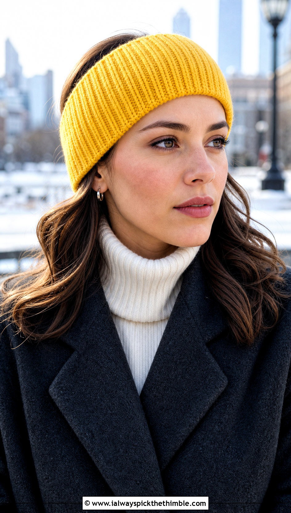 Ribbed Knit Headband With Wool Coat - 15 knit or crochet headbands outfit ideas
