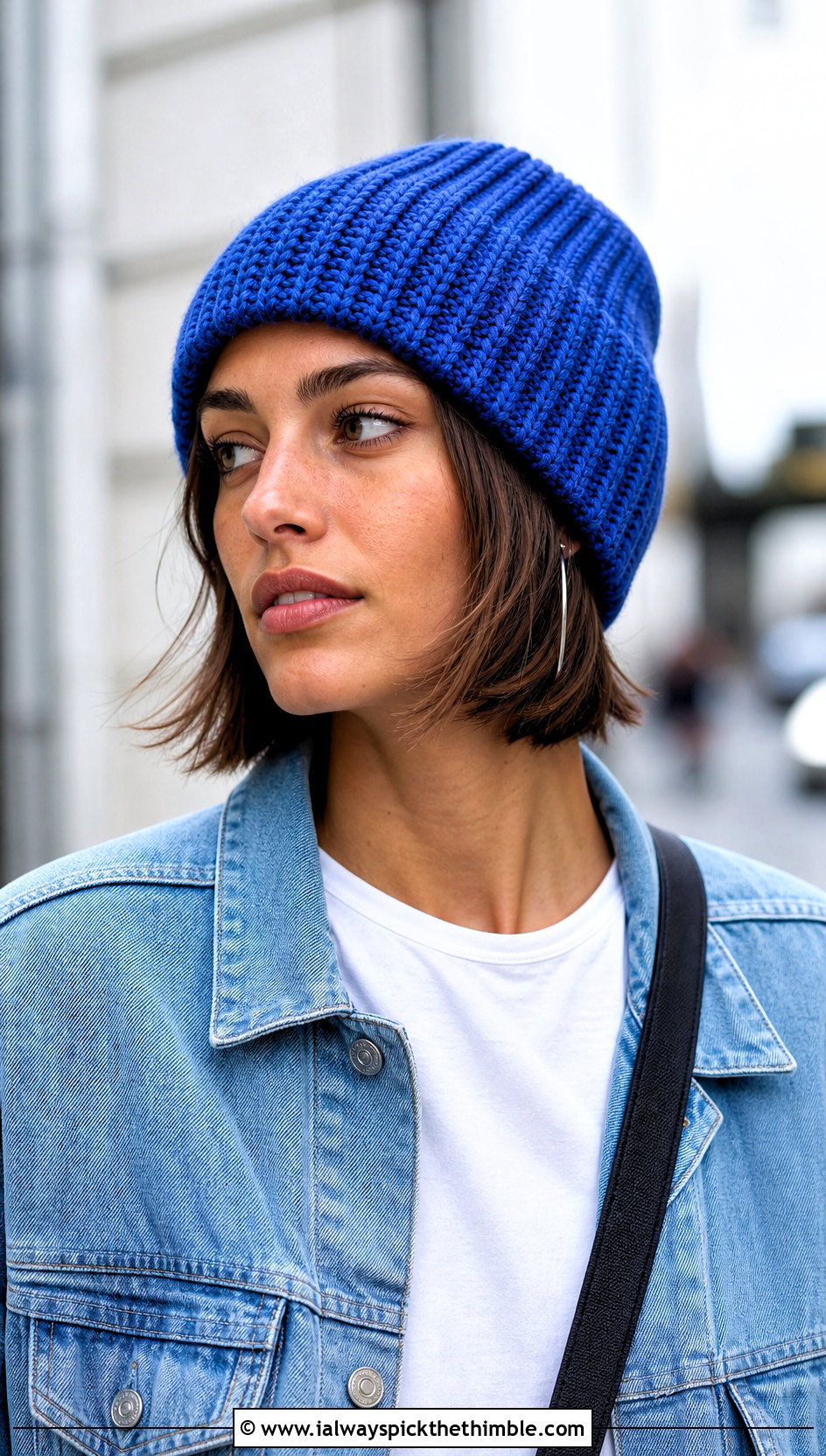 Ribbed Knit Look Crochet Beanie With Denim Jacket - 20 Knit Look Crochet Hat outfit ideas
