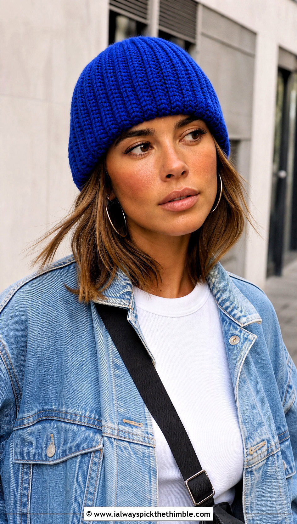 Ribbed Knit Look Crochet Beanie With Denim Jacket - 20 Crochet Knit Look Hat outfit ideas