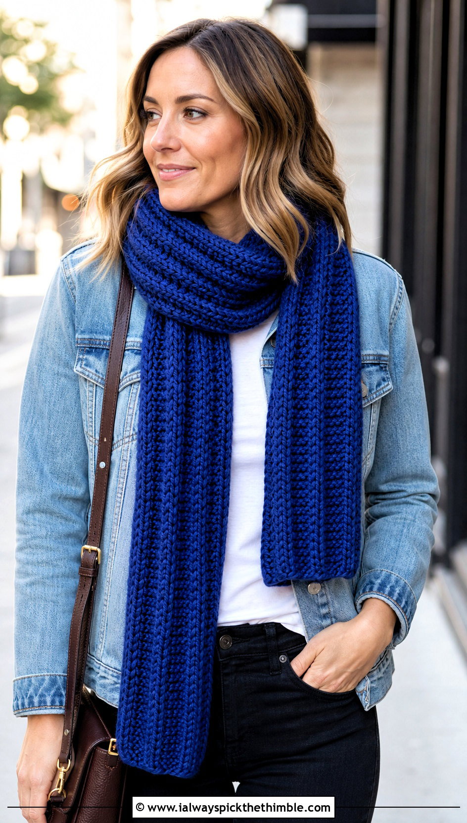 Ribbed Long Bulky Yarn Crochet Scarf With Denim Jacket - 20 bulky yarn crochet scarf outfit ideas