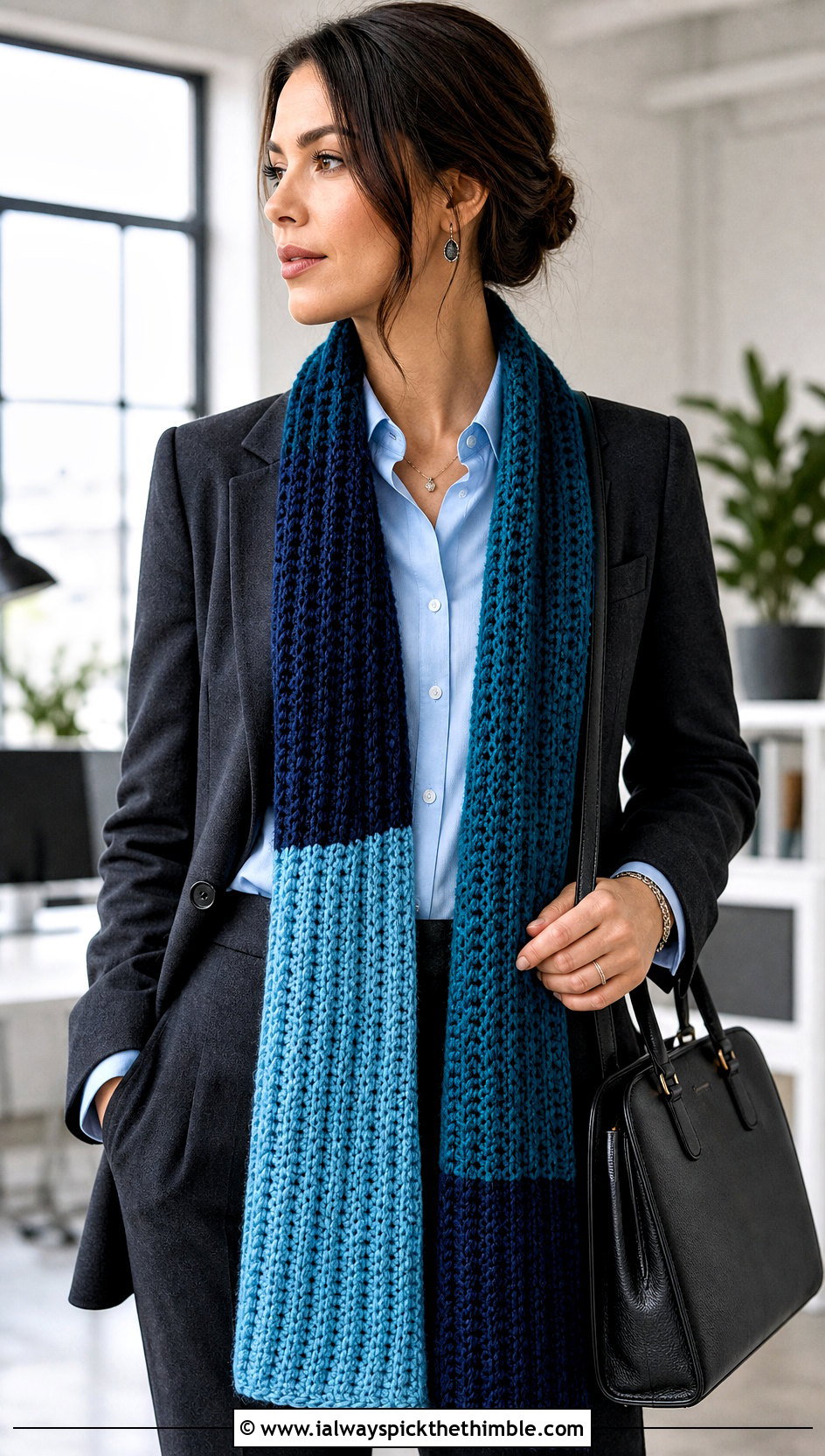 Ribbed Long Color Block Crochet Scarf With Pantsuit - 20 Color Block Crochet Scarf outfit ideas