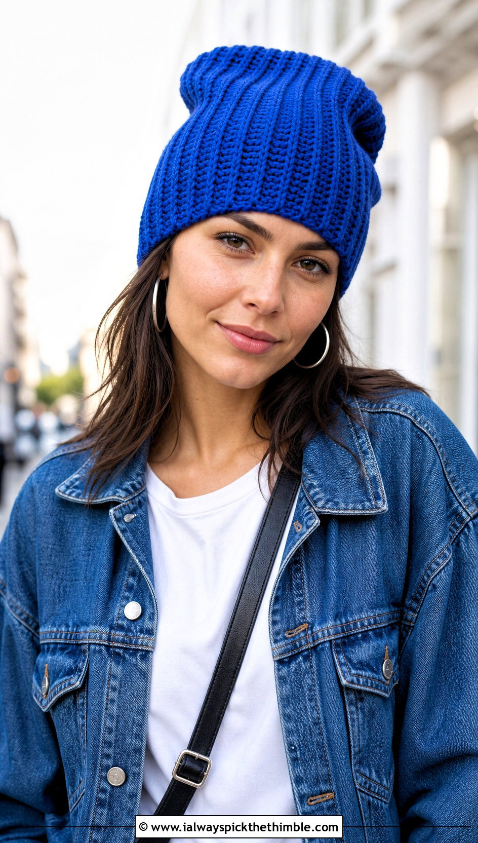 Ribbed Long Crochet Hat With Denim Jacket - 20 crochet long hat outfit ideas